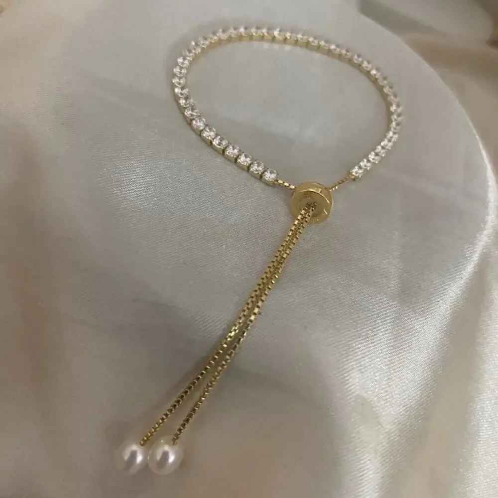 Pearl 925 Sterling Silver Gold Vermeil CZ Tennis Slider Bracelet Genuine Pearl
